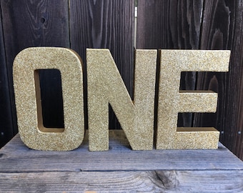 One Photo Prop,ONE,One Sign,Gold,Photoshoot,First Birthday,Cake Smash,1st,Number One,Paper Mache,Glitter,Stand Up,Table Centerpiece,8 inches