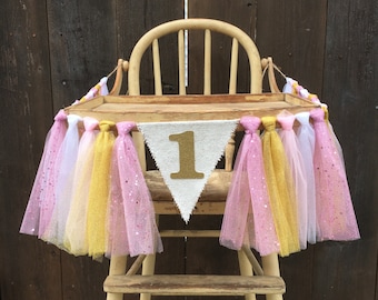 High Chair Banner,First Birthday,1st Birthday,Tutu High Chair Banner,Princess Banner,Tutu,Tulle Banner,Princess Tulle,Pink and Gold Banner