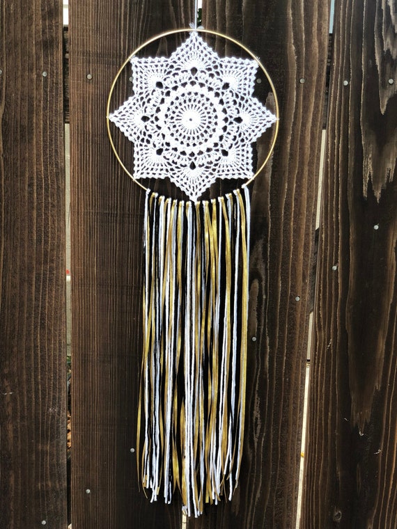 White Dream Catcher,Dream Catcher,Black,Gold,Modern,Wall Hanging,Wall Decor,Nursery,Boho,Baby Shower,10 Inches,Doilie,Wedding Decor,Rustic