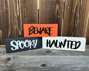 Halloween Sign,Halloween Decor,Halloween Words,Halloween Wood Block,Halloween Decor Block,Haunted,Beware,Spooky,Tiered Tray Decor,Metal Sign