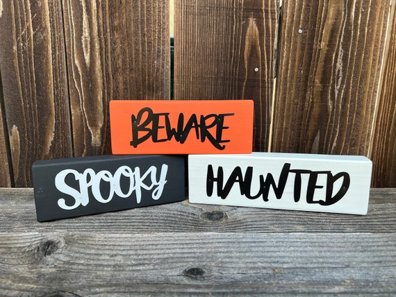 Halloween Sign,Halloween Decor,Halloween Words,Halloween Wood Block,Halloween Decor Block,Haunted,Beware,Spooky,Tiered Tray Decor,Metal Sign