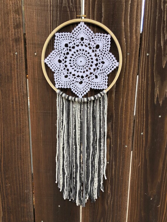 Grey Dream Catcher,Dream Catcher,White,Gray,Natural,Wall Hanging,Wall Decor,Nursery,Boho,Baby Shower,10 Inch,Doilie,Wedding Decor,Rustic