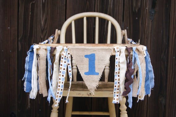 High Chair Banner, First Birthday,1st Birthday, Jean and Burlap Banner, Brown and Blue, Rustic Banner, Baby Shower, 1st Birthday, High chair