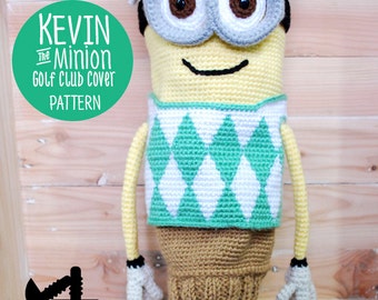 May include: Crocheted golf club cover pattern featuring Kevin the Minion wearing a green and white hat and sweater. The pattern is called "Kevin the Minion Golf Club Cover Pattern".
