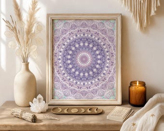Mandala imprimible de lavanda y menta, decoración bohemia suave y onírica, arte de pared femenino en tonos pastel.