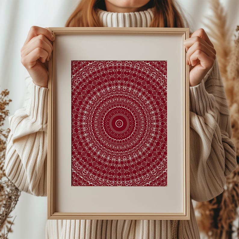 Red Pattern Wall Art, Burgundy and White Design, Bold Symmetrical Decor ...
