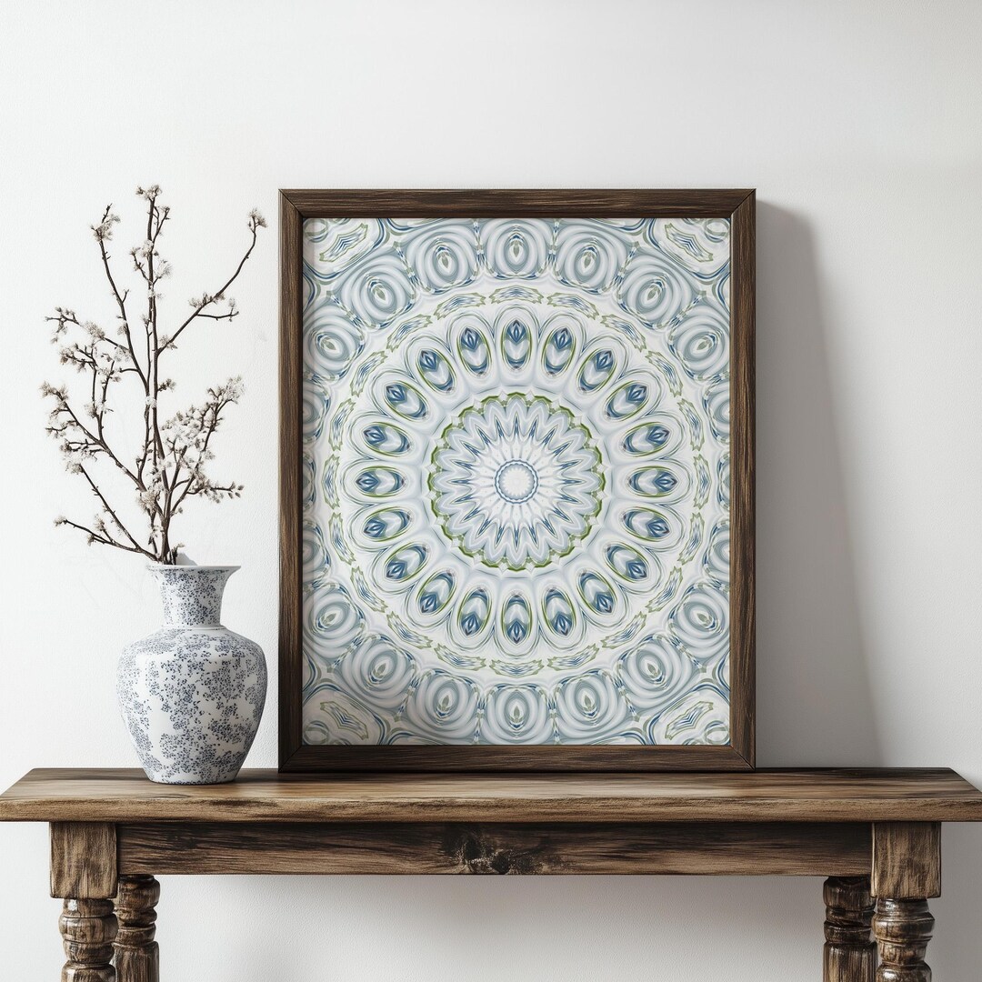 White & Blue Mandala Printable Wall Art, Soft Botanical Floral Decor ...