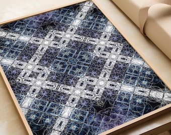 Navy Blue Abstract Wall Art, White Grid Kaleidoscope Print, Dark Geometric Home Decor