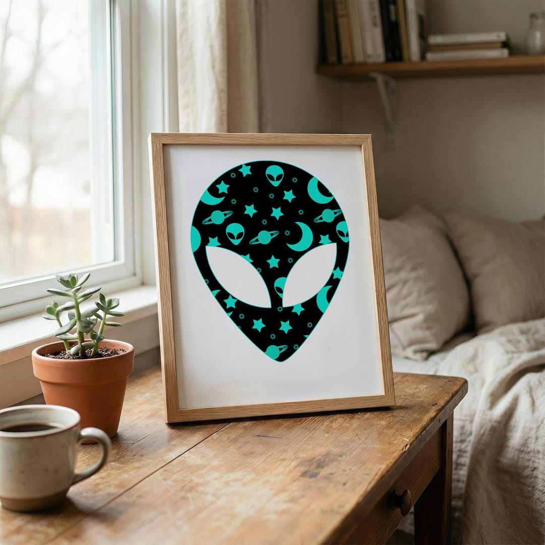 Alien Head Wall Art, Space Pattern Design, Turquoise Blue Galaxy ...