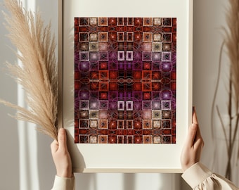 Rust & Burgundy Abstract Print, Bold Grid Pattern Wall Art, Warm Jewel Tone Home Decor