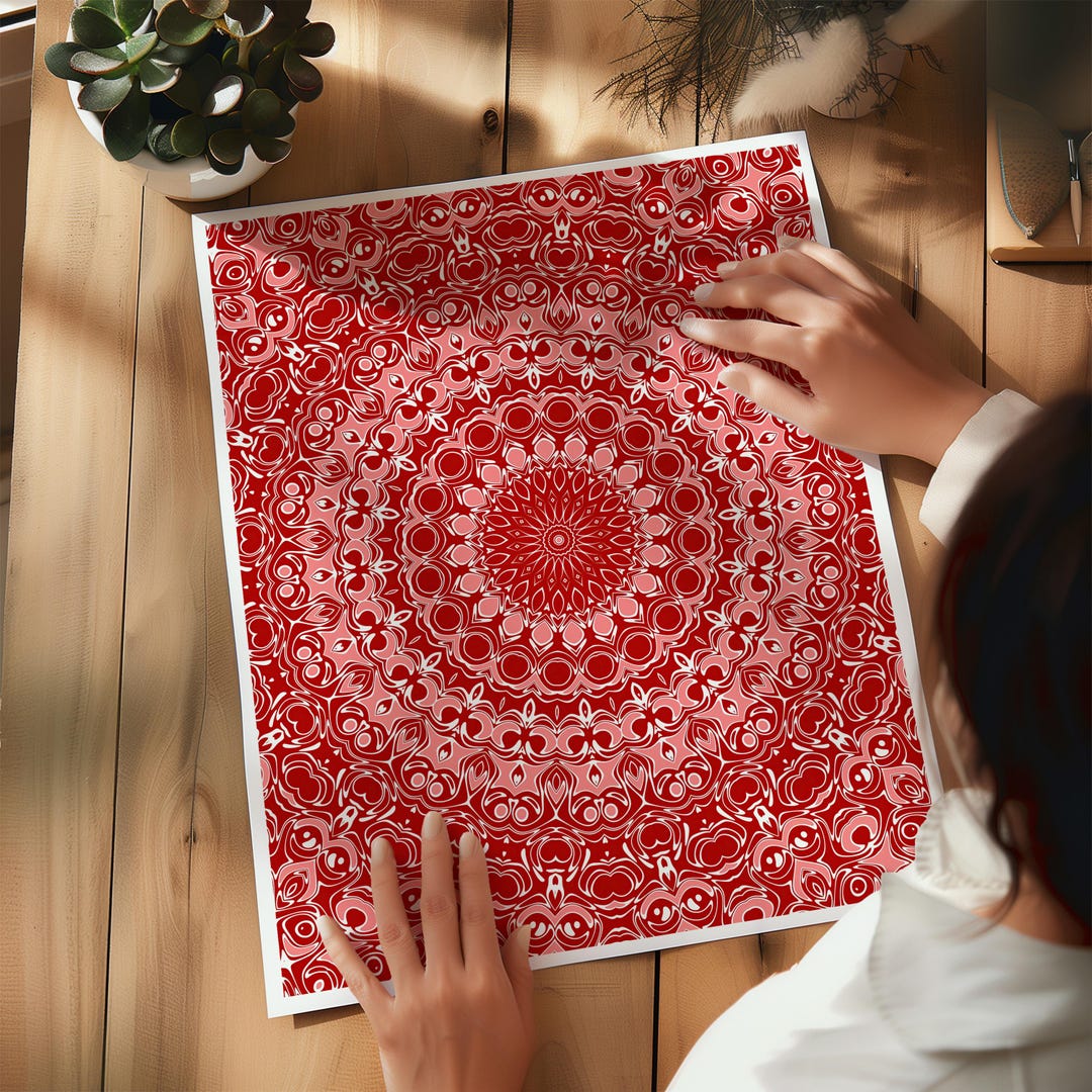 Red Pattern Wall Art, Bold Ornamental Design, Vibrant Layered Abstract ...