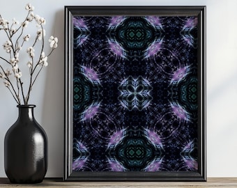 Dark Abstract Wall Art, Glowing Purple and Green Kaleidoscope Print, Moody Mystic Home Decor