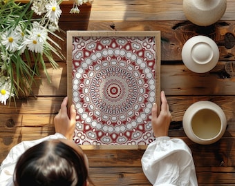Red and Beige Printable Wall Art, Ornate Mandala Sacred Geometry, Vintage Eclectic Room Decor