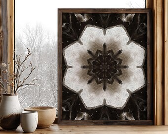 Black & White Abstract Print, Bloom Mandala Wall Art, Neutral Organic Decor for Moody Interiors