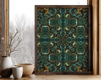 Green and Blue Abstract Wall Art, Fluid Kaleidoscope Print, Jewel Tone Home Decor