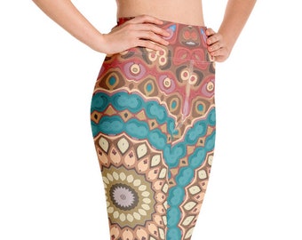 High Waist Printed Leggings Yoga Pants, Earth and Turquoise Yoga Tights for Women, Mandala Design