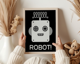 Robot Typography Print, Cute Retro Bot Wall Decor, Playful Nerd Room Art