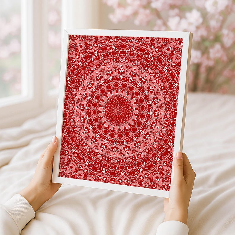 Red Pattern Wall Art, Bold Ornamental Design, Vibrant Layered Abstract ...