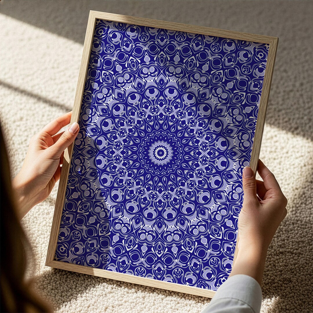 Blue Pattern Wall Art, Deep Indigo Ornamental Design, Layered Abstract ...