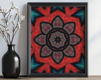 Red and Gray Crayon Mandala Printable, Bold Textured Abstract Decor, Dramatic Eclectic Wall Poster
