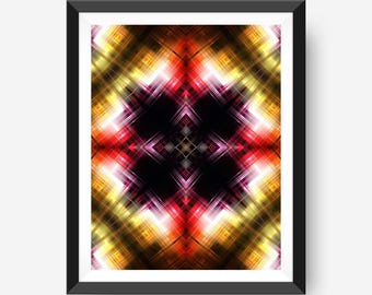 Red & Yellow Abstract Wall Art, Glowing Star Kaleidoscope Print, Bold Warm Tone Home Decor
