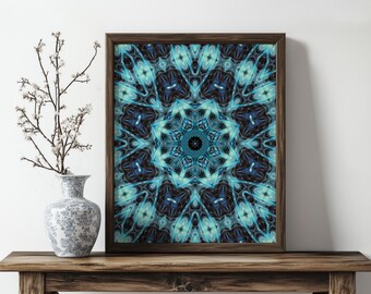 Aqua & Black Abstract Wall Art, Glowing Blue Star Mandala, Cool Tone Mystic Home Decor