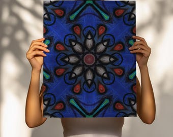 Blue and Red Crayon Mandala Printable, Bold Handmade Abstract Decor, Expressive Eclectic Wall Poster