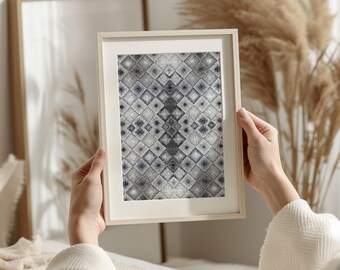 Gray and White Abstract Wall Art, Silver Diamond Grid Print, Neutral Monochrome Home Decor