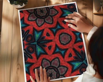 Red and Turquoise Crayon Mandala Printable, Bold Handmade Abstract Decor, Dramatic Maximalist Poster