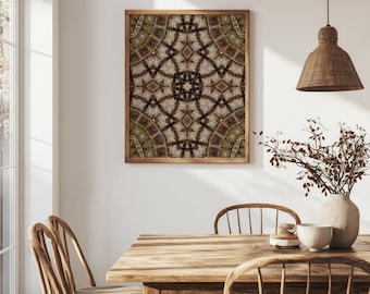 Earthy Abstract Wall Art, Dark Brown Kaleidoscope Print, Vintage Organic Pattern Home Decor