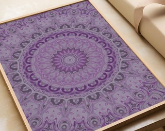 Mandala morado para imprimir, decoración bohemia monocromática en acuarela, póster para sala de meditación espiritual.