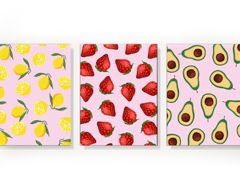 Fruits wall art set of 3 / cottagecore/ Digital / Lemon / Avocado / Art / Strawberry/  Print / A4 / cottage core poster