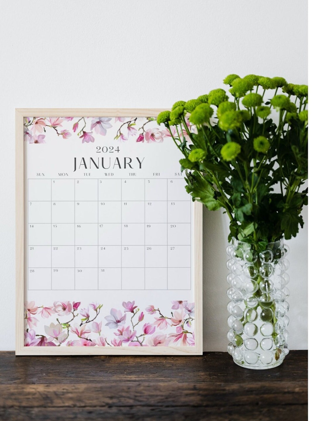 PRINTABLE January 2024 Calendar, Watercolor Floral Flower Year Planner