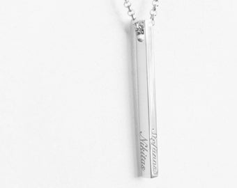 Engraved Custom Made Vertical Bar Necklace - Platinum Plated, 925 Silver, Personalized Jewelry for Her, Christmas Gift