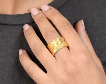 Wide Band Ring - 18K Gold Plated, 925 Silver, Tube Ring, Statement Ring, Chunky Ring, Stackable Ring, Textured Ring, Minimal Chic Jewelry