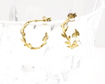 Olive Leaves Hoop Earrings - 18K Gold Plated, 925 Silver, Leaf Hoops, Floral Earrings, Grecian Jewelry, Minimal Chic Jewelry