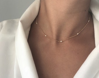 Pearls Necklace - 18K Gold Plated, 925 Silver, June Birthstone, Delicate Choker Bead Necklace, Minimalist Necklace, Minimal Chic Jewelry