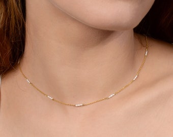 Collier de perles - Plaqué or 18 carats, argent 925, pierre de naissance de juin, collier ras de cou délicat, collier minimaliste, bijoux minimalistes chics