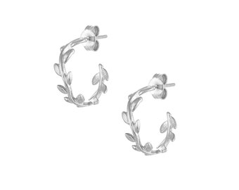 Créoles feuilles d'olivier - Plaqué platine, argent 925, Créoles feuilles, Boucles d'oreilles florales, Bijoux grecs, Bijoux chics minimaux