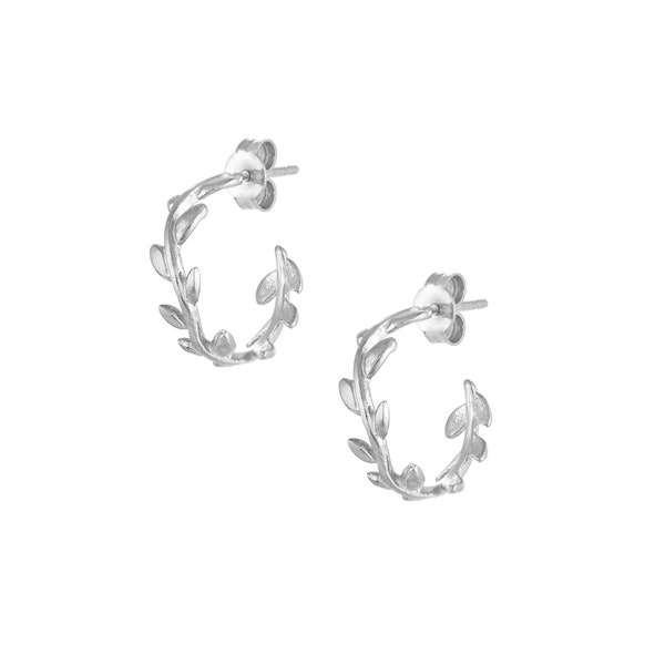 Olive Leaves Hoop Earrings - Platinum Plated, 925 Silver, Leaf Hoops, Floral Earrings, Grecian Jewelry, Minimal Chic Jewelry