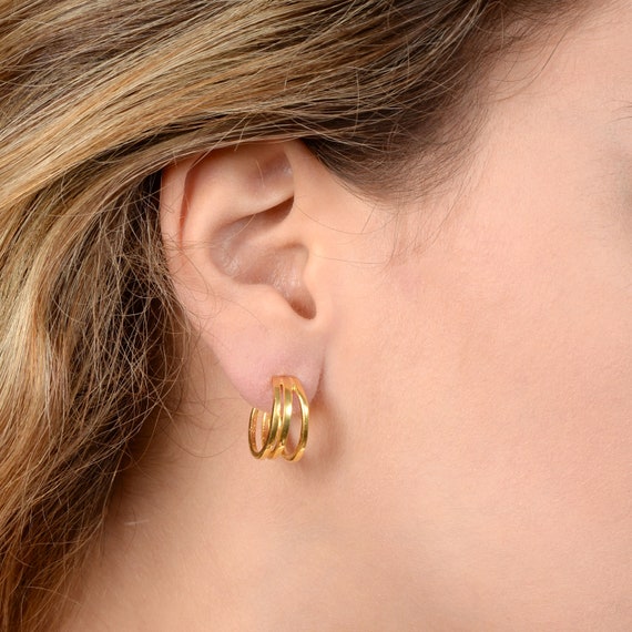 Orecchini A Triplo Cerchio Kaia - Placcati Oro 18k Con Zirconi, Design A Strati, Ipoallergenici, Regalo Donna - 2