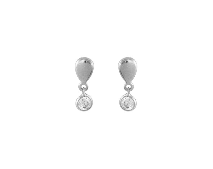 White Zircon Teardrop Dangle Stud Earrings - Platinum Plated