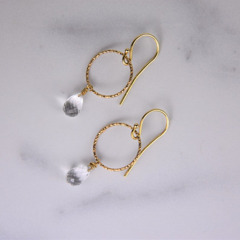 Minimal Chic Jewelry Quartz Teardrop Hoop Earrings Bridal Earrings Gemstone Drop Earrings Raw Stone Hoops April Birthstone Earrings