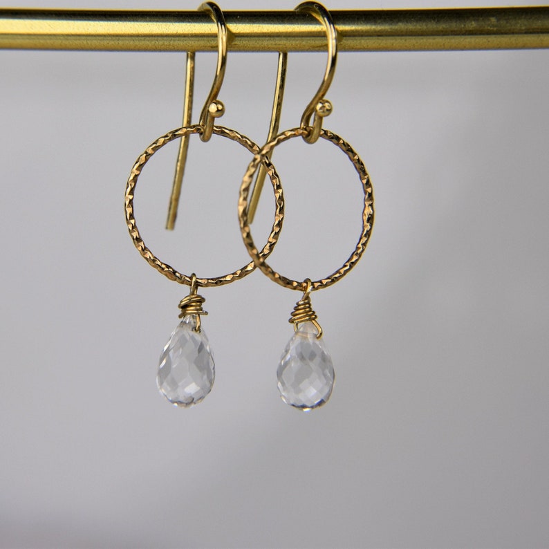 Minimal Chic Jewelry Quartz Teardrop Hoop Earrings Bridal Earrings Gemstone Drop Earrings Raw Stone Hoops April Birthstone Earrings