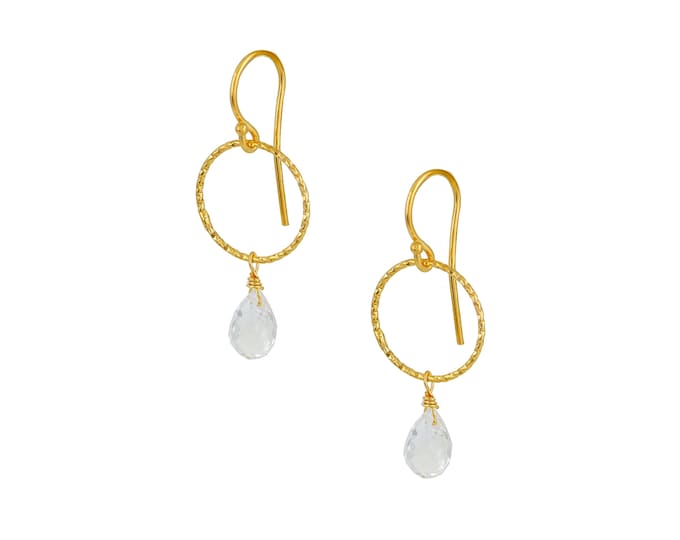 White Quartz Teardrop Hoop Earrings - 18K Gold Plated