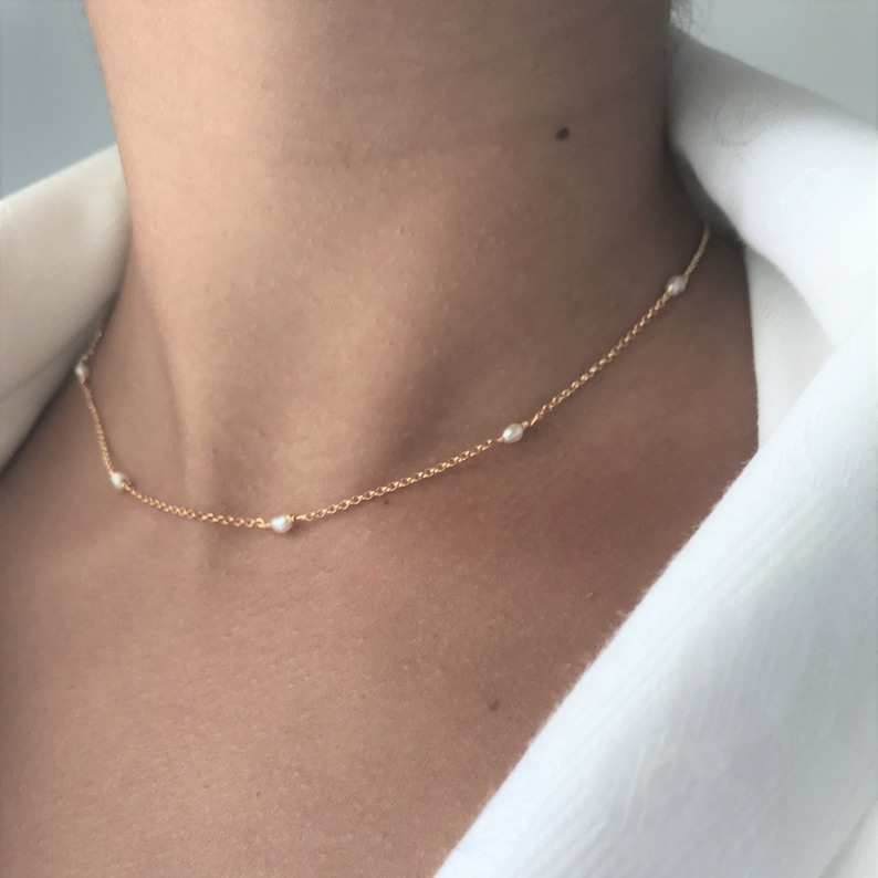 Pearls Necklace 18K Gold Plated, 925 Silver, June Birthstone, Delicate Choker Bead Necklace, Minimalist Necklace, Minimal Chic Jewelry image 5