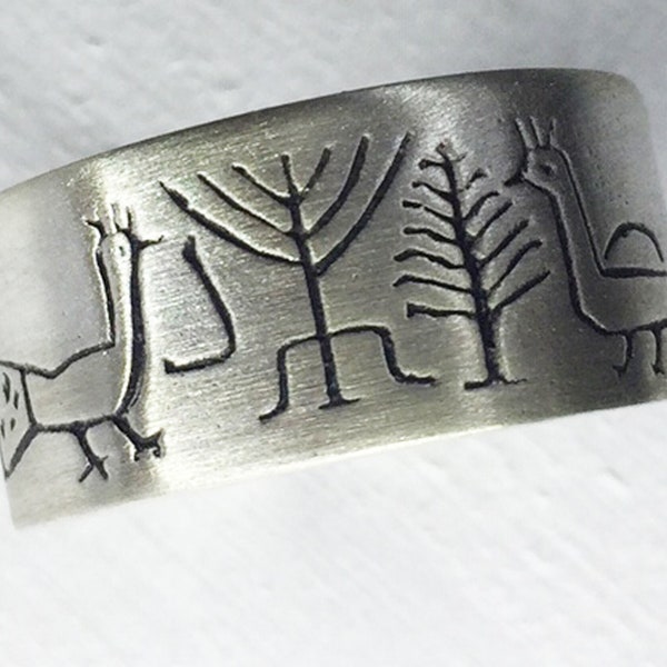 SEPHARDIC RING : Handmade silver adjustable unisex ring carved with a drawing of a 5th century Spanish sink