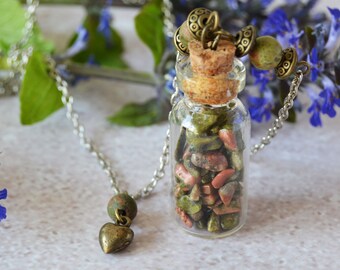 Unakite necklace, Stress relief charm necklace, Gemstones in tiny jar pendant