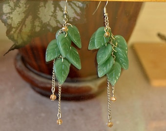 Handmade Green Glass Leaf Earrings, Fairy Woodland Dangle Earrings
