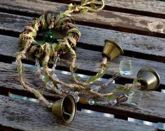 Witchy bells hanging suncatcher with leaves, Braided hemp woodland mobile, Rustic hanging bells for bookshelf, Crystal beaded wind chime
